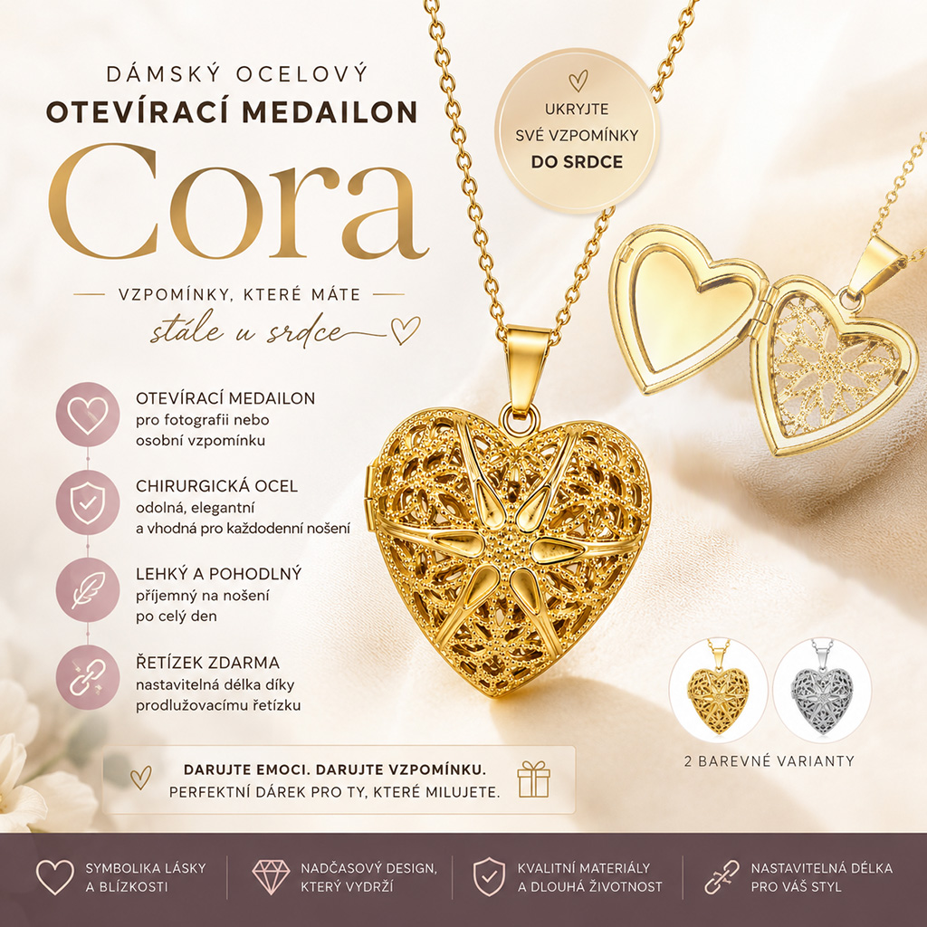Dámský ocelový otevírací medailon srdce Cora s řetízkem zdarma (10)
